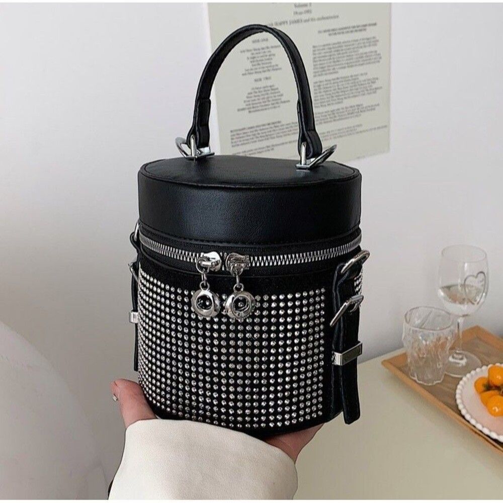 Women's Black Rhinestone Bucket Satchel Crossbody Handbag - Picture 3 of 7